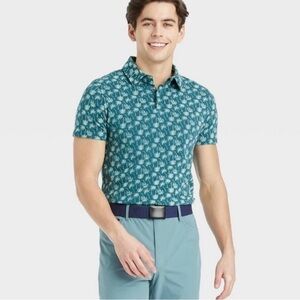 NWOT Teal Blue-Green White Palm Tree Print Golf Shirt Polo 2XL Plus Size New